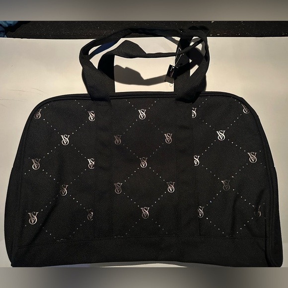 Victoria's Secret Weekender Large Black Tote Zip Duffle Bag VS Logo Rhinestones - Picture 4 of 5